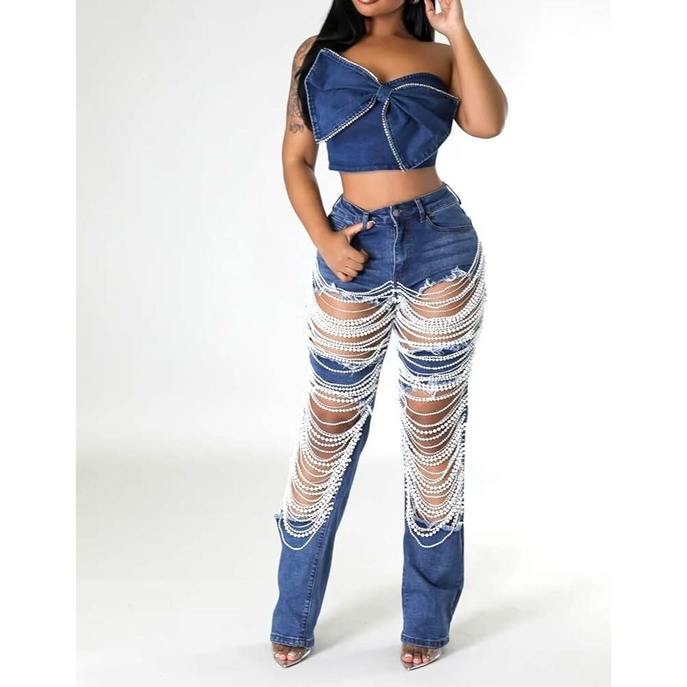 Women Ripped Destroyed Blue Jean Pearl Chain Embellish Size M (30x32) Light Wash